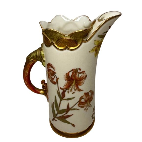 Gorgeous Royal Worcester Blush Ivory Pitcher Hand Painted Lilies Gold Japanese